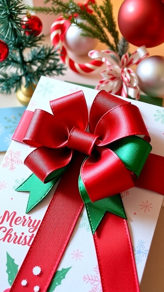 DIY Christmas Card Bow Tutorial A decorative bow on a Christmas card with festive designs and holiday decorations.